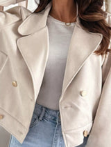 Beige double-breasted lapel collar jacket, tailored fall blazer coat by Impulsive Fashion