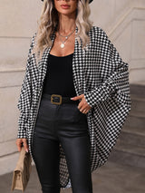 LUNE Houndstooth Batwing Sleeve Open Front Coat