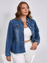 Blue plus size peplum denim jacket, button-up jean jacket by Impulsive Fashion