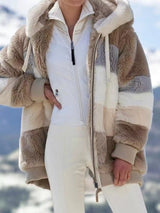 Khaki fuzzy zip-up hooded jacket, plus size fall outerwear by Impulsive Fashion
