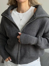 Gray zip-up dropped shoulder cardigan, ribbed knit fall sweater by Impulsive Fashion