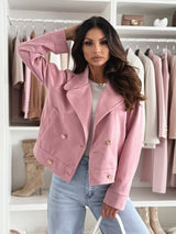Beige double-breasted lapel collar jacket, tailored fall blazer coat by Impulsive Fashion