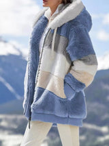 Khaki fuzzy zip-up hooded jacket, plus size fall outerwear by Impulsive Fashion