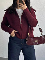 Gray zip-up dropped shoulder cardigan, ribbed knit fall sweater by Impulsive Fashion