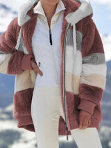 Khaki fuzzy zip-up hooded jacket, plus size fall outerwear by Impulsive Fashion