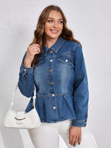 Blue plus size peplum denim jacket, button-up jean jacket by Impulsive Fashion