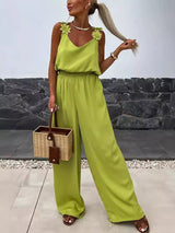 Floral applique V-neck wide leg jumpsuit by Impulsive Fashion