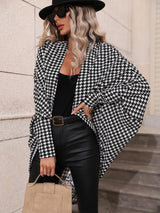 LUNE Houndstooth Batwing Sleeve Open Front Coat