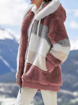 Khaki fuzzy zip-up hooded jacket, plus size fall outerwear by Impulsive Fashion