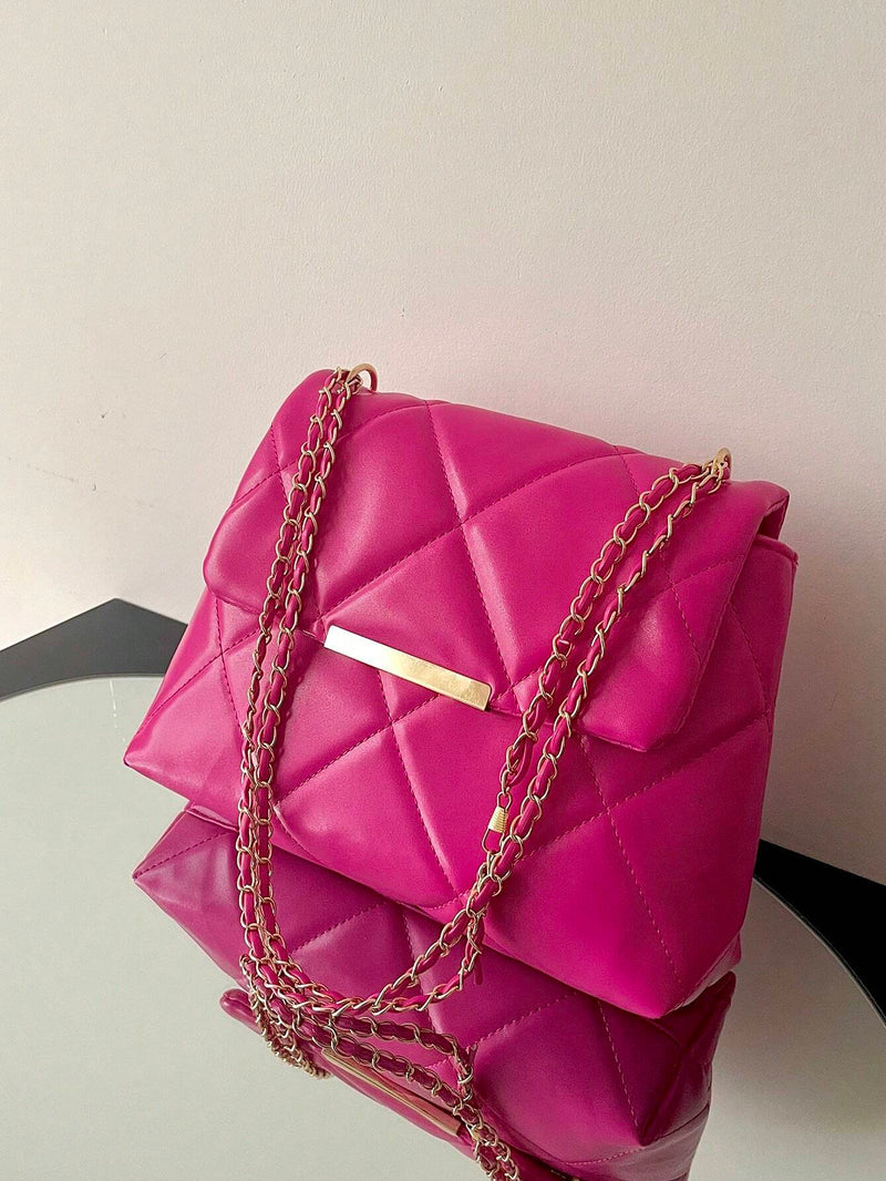 Hot Pink Quilted Flap Shoulder Bag with Chain Detail