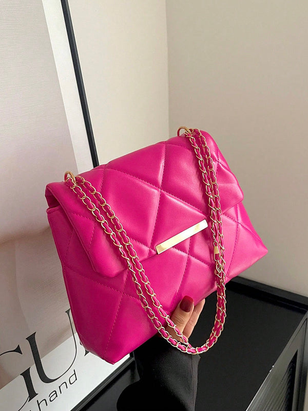 Hot Pink Quilted Flap Shoulder Bag with Chain Detail