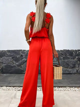 Floral applique V-neck wide leg jumpsuit by Impulsive Fashion