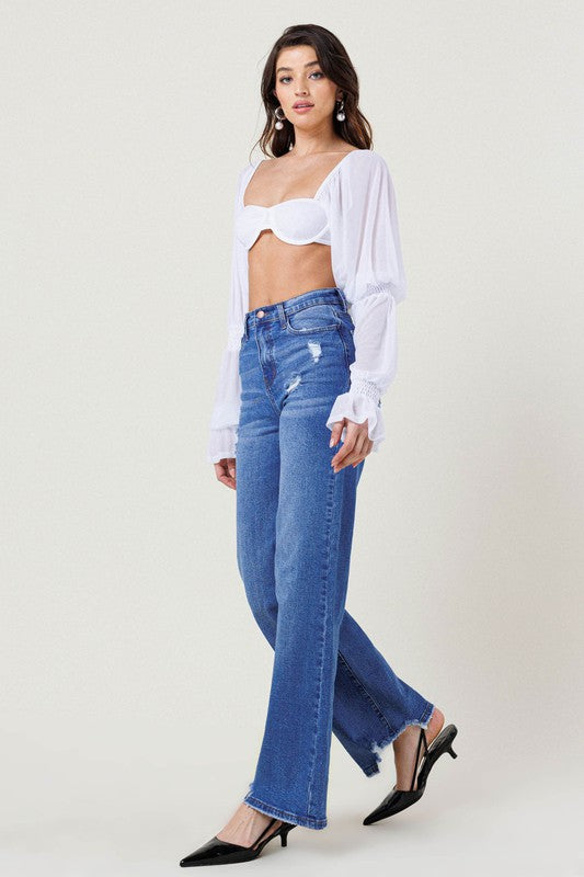 HIGH RISE WIDE LEG W DISTRESSED HEM DETAIL