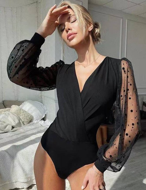 Mesh Polka Dot Long Sleeve V Neck Bodysuit
