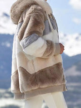 Khaki fuzzy zip-up hooded jacket, plus size fall outerwear by Impulsive Fashion