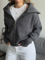Gray zip-up dropped shoulder cardigan, ribbed knit fall sweater by Impulsive Fashion