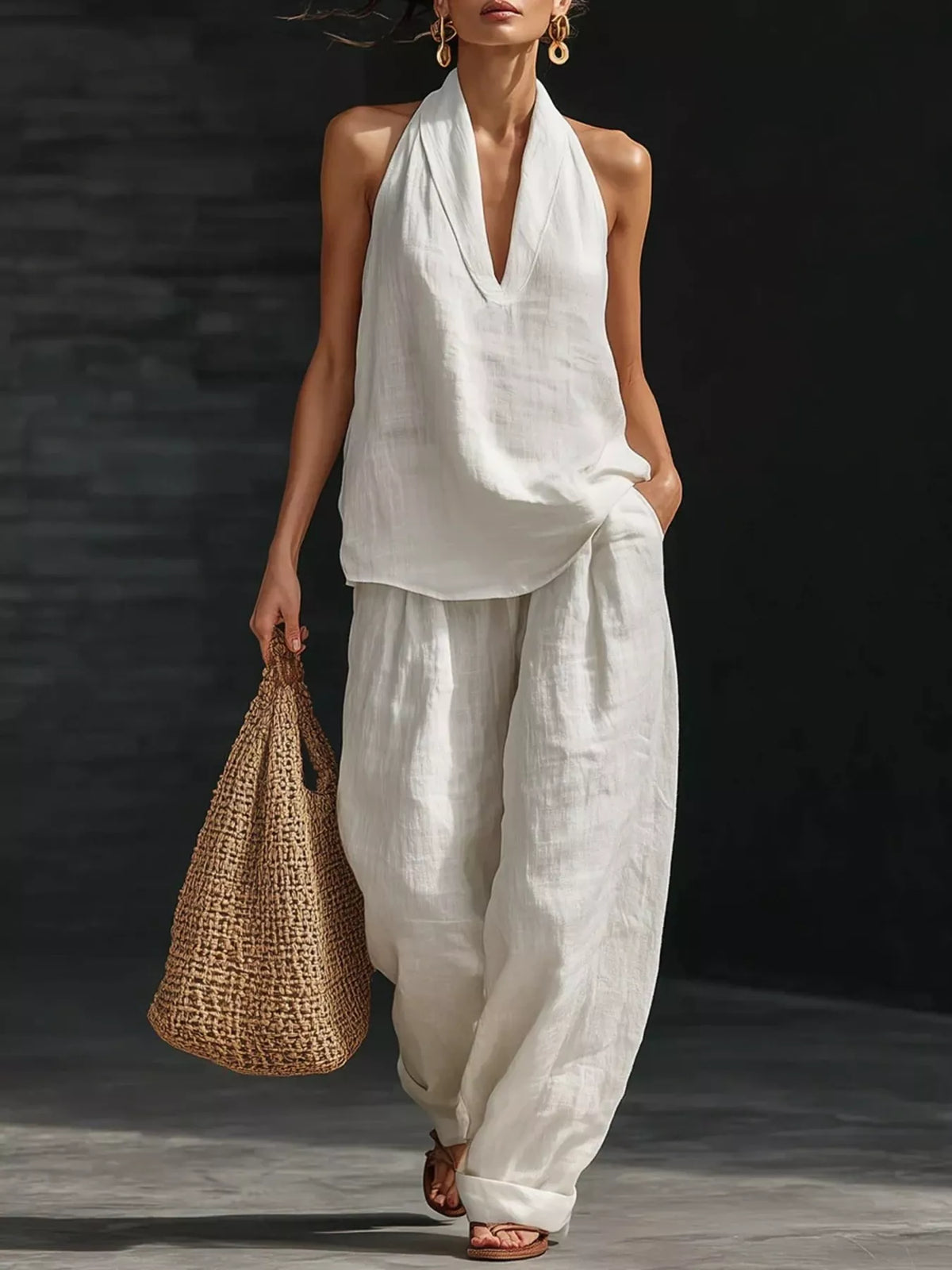 Halter Neck Two-Piece Set with Wide Leg Pants for Women | Plus 