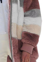 Khaki fuzzy zip-up hooded jacket, plus size fall outerwear by Impulsive Fashion