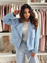 Beige double-breasted lapel collar jacket, tailored fall blazer coat by Impulsive Fashion