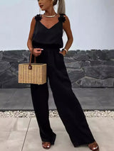 Floral applique V-neck wide leg jumpsuit by Impulsive Fashion