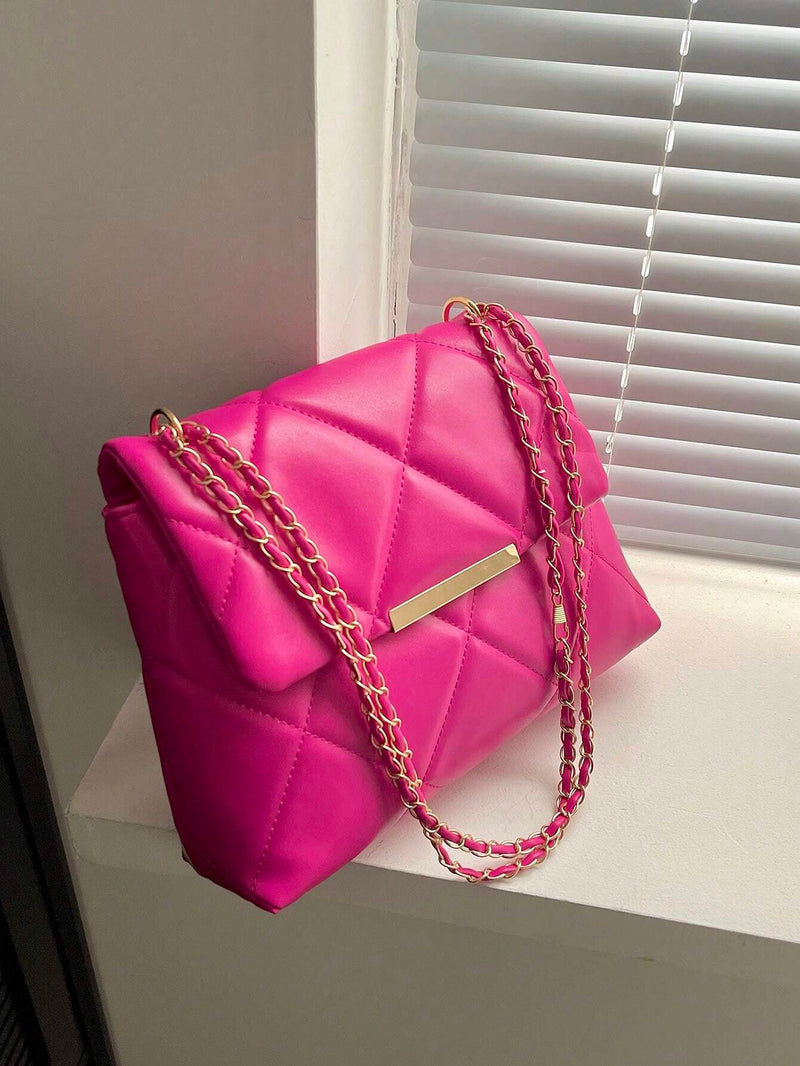 Hot Pink Quilted Flap Shoulder Bag with Chain Detail
