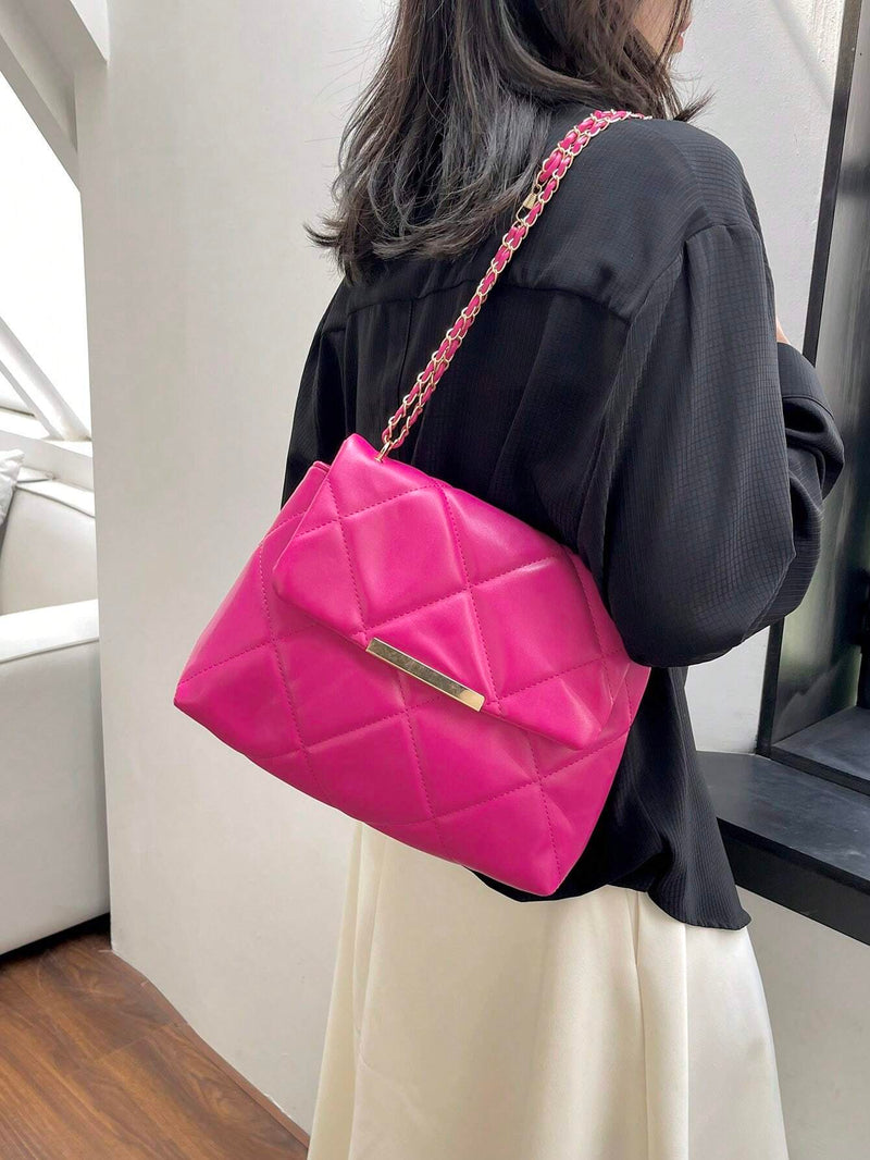Hot Pink Quilted Flap Shoulder Bag with Chain Detail