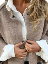 Khaki fuzzy knit cardigan with dropped shoulders, plus size cozy sweater by Impulsive Fashion