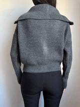 Gray zip-up dropped shoulder cardigan, ribbed knit fall sweater by Impulsive Fashion