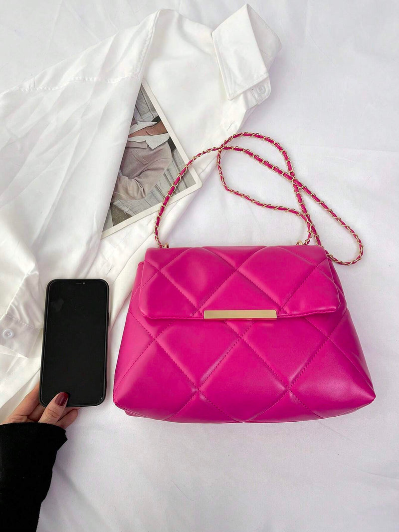 Hot Pink Quilted Flap Shoulder Bag with Chain Detail
