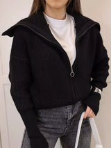 Gray zip-up dropped shoulder cardigan, ribbed knit fall sweater by Impulsive Fashion
