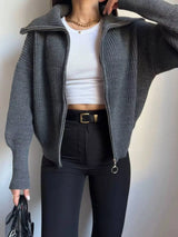 Gray zip-up dropped shoulder cardigan, ribbed knit fall sweater by Impulsive Fashion