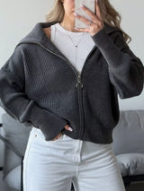 Gray zip-up dropped shoulder cardigan, ribbed knit fall sweater by Impulsive Fashion