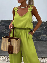 Floral applique V-neck wide leg jumpsuit by Impulsive Fashion