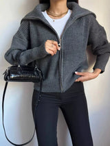 Gray zip-up dropped shoulder cardigan, ribbed knit fall sweater by Impulsive Fashion