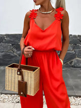 Floral applique V-neck wide leg jumpsuit by Impulsive Fashion