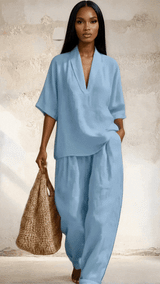 Plus Size Half Sleeve Top and Wide Leg Pants Set with Pockets