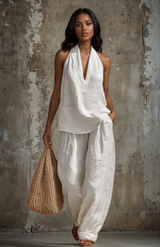 Halter Neck Two-Piece Set with Wide Leg Pants for Women | Plus Size Available