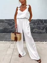 Floral applique V-neck wide leg jumpsuit by Impulsive Fashion