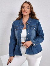 Blue plus size peplum denim jacket, button-up jean jacket by Impulsive Fashion