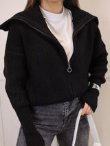Gray zip-up dropped shoulder cardigan, ribbed knit fall sweater by Impulsive Fashion