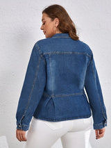 Blue plus size peplum denim jacket, button-up jean jacket by Impulsive Fashion