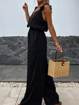 Floral applique V-neck wide leg jumpsuit by Impulsive Fashion