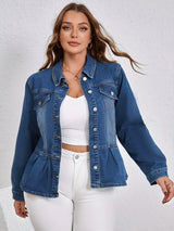 Blue plus size peplum denim jacket, button-up jean jacket by Impulsive Fashion
