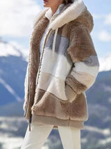Khaki fuzzy zip-up hooded jacket, plus size fall outerwear by Impulsive Fashion