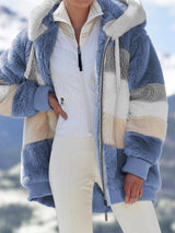 Khaki fuzzy zip-up hooded jacket, plus size fall outerwear by Impulsive Fashion