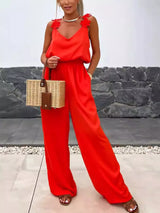 Floral applique V-neck wide leg jumpsuit by Impulsive Fashion