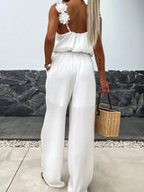 Floral applique V-neck wide leg jumpsuit by Impulsive Fashion