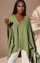 Ribbed Hem V-Neck Sweater