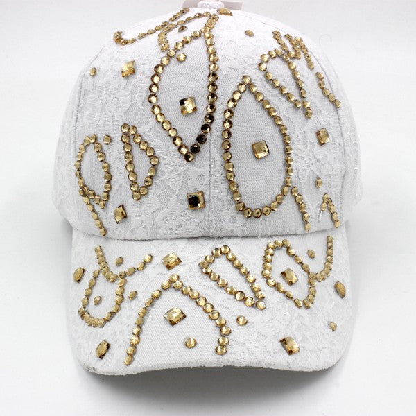 GOLD STUDDED LACE WHITE CAP